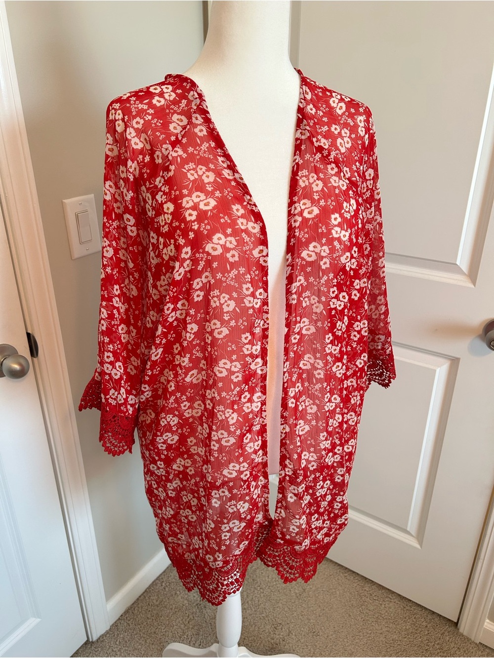 Maurices Red Floral Sheer Kimono Cover-Up with Lace Trim